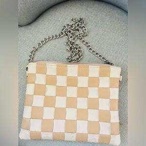 Chic Woven Tan and White Clutch with Chain Strap
